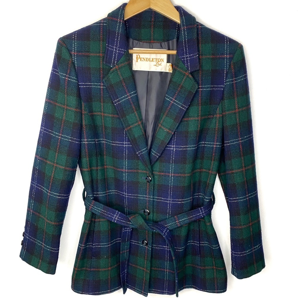 Vintage Pendleton Women’s Black Watch Tartan Plaid Belted Wool Blazer Jacket USA